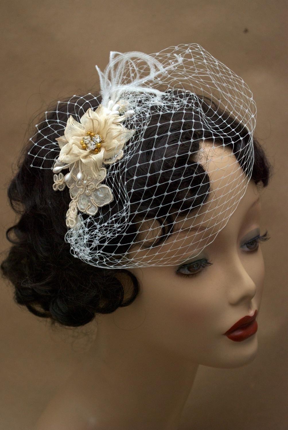 Bridal Rhinestone Head Piece Hair Clip with Detachable Veil, Champagne,