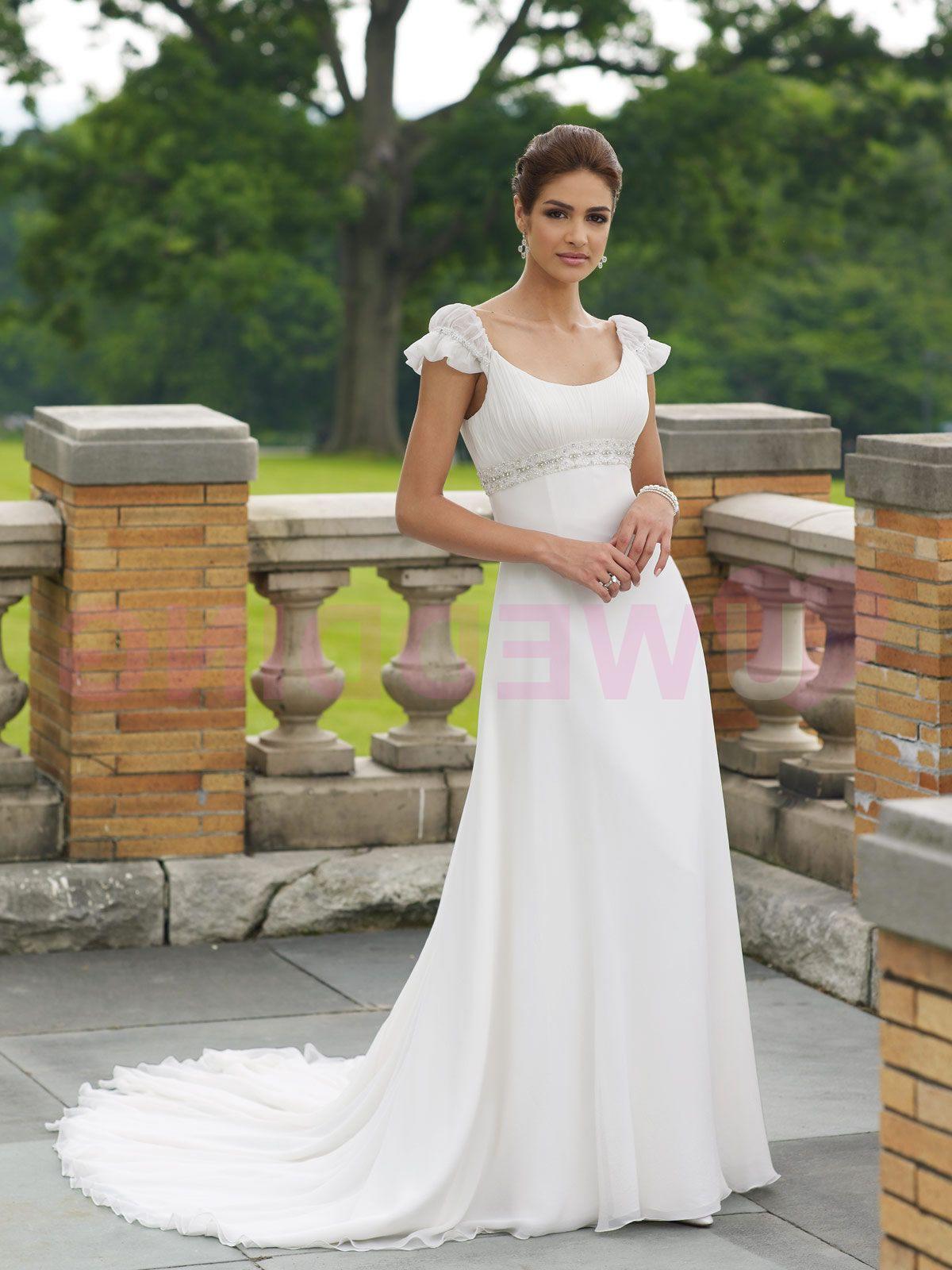 Silk chiffon soft A-line gown with cap sleeves features hand-beaded trim and