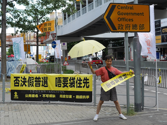Umbrella Movement supporter holding a banner and yellow umbrella while posing for a photograph outside Hong Kong's Legislative Council Complex