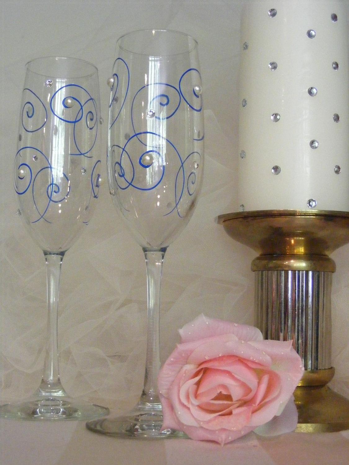 blue wedding champagne toasting glasses with Swarovski crystals- can be