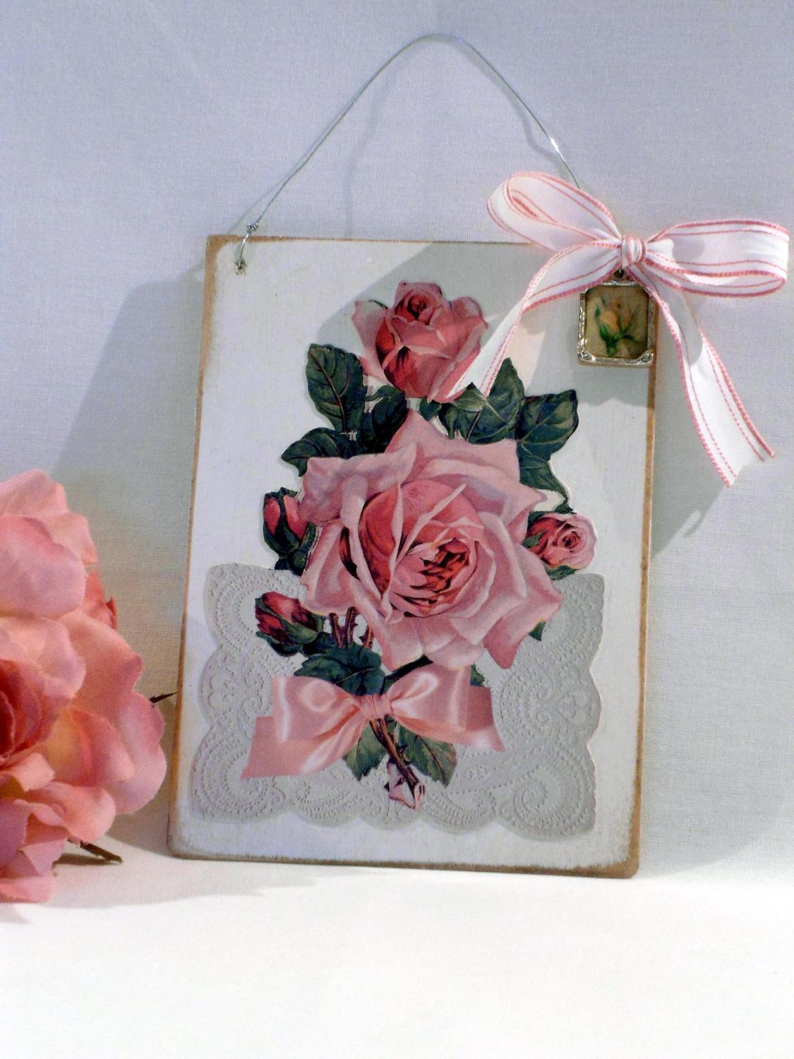 Rose Plaque Cottage Decoupaged Pink Roses Lace Doily Vintage Ribbon Cameo