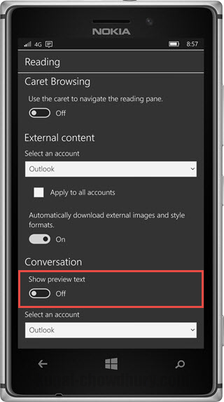 Outlook mail for Windows 10 Mobile - How to turn OFF the Message Preview (www.kunal-chowdhury.com)