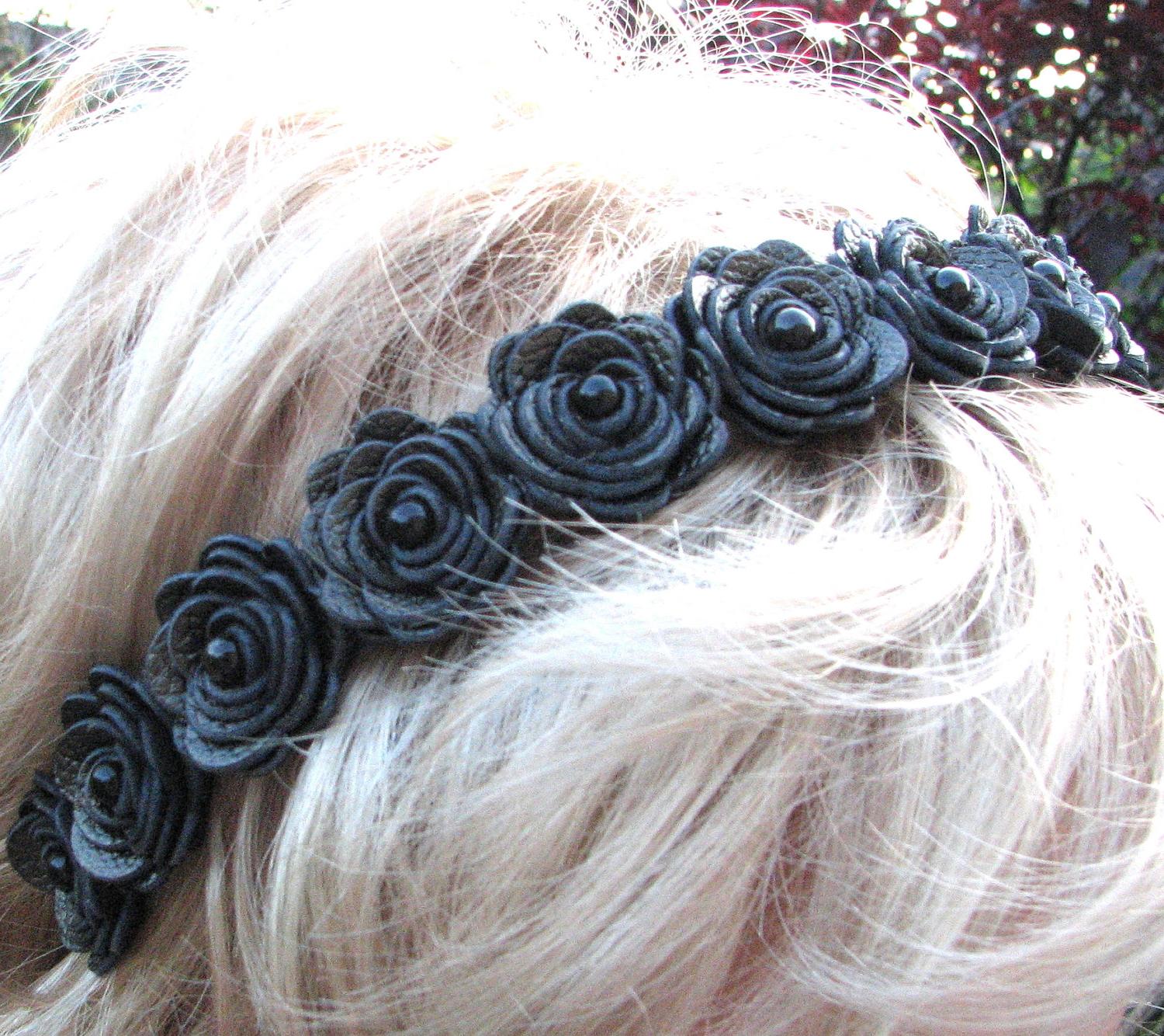 Black flower headband leather