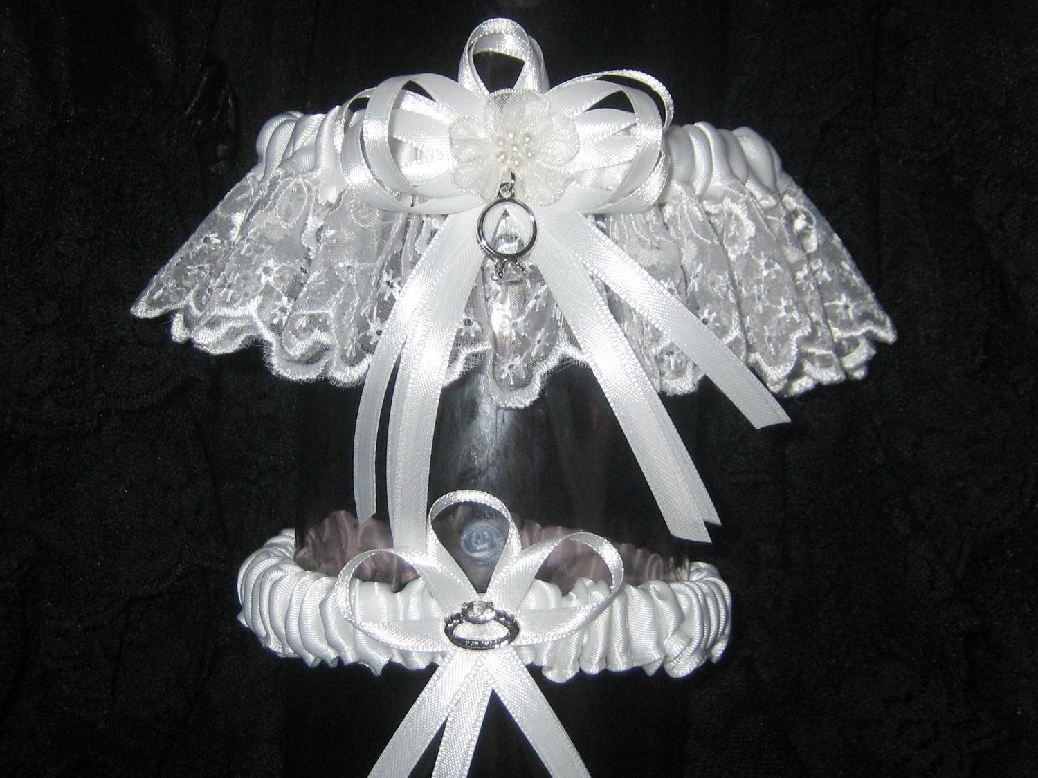Bridal Garter Set in White Irish Lace with Bows and Engagement
