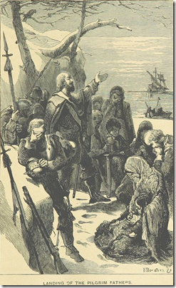 "Landing of the Pilgrim Fathers" illustration from p. 83 of _British Enterprise beyond the Seas_ by J. H. Fyfe