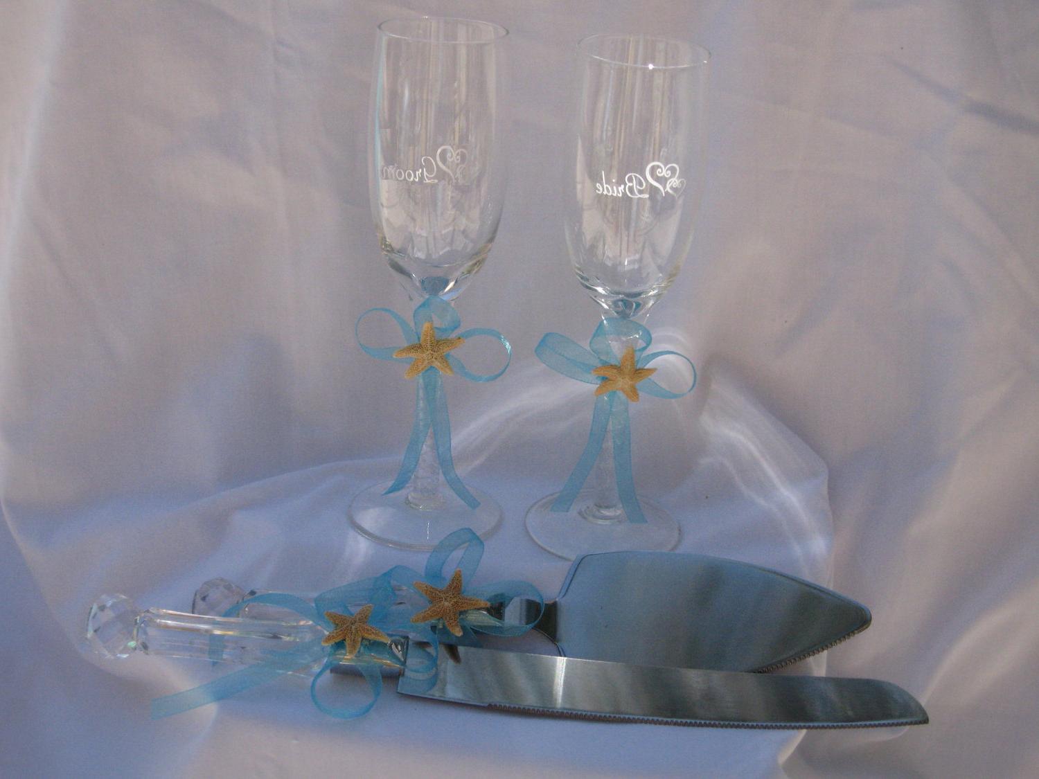 Sugar Starfish Wedding Toasting Champagne Toasting Flutes and Cake Serving