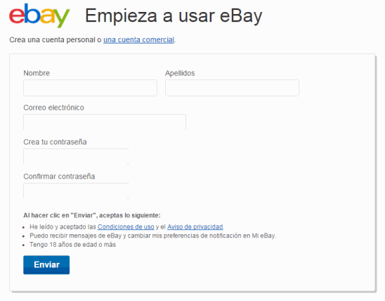 formulario de registro en ebay