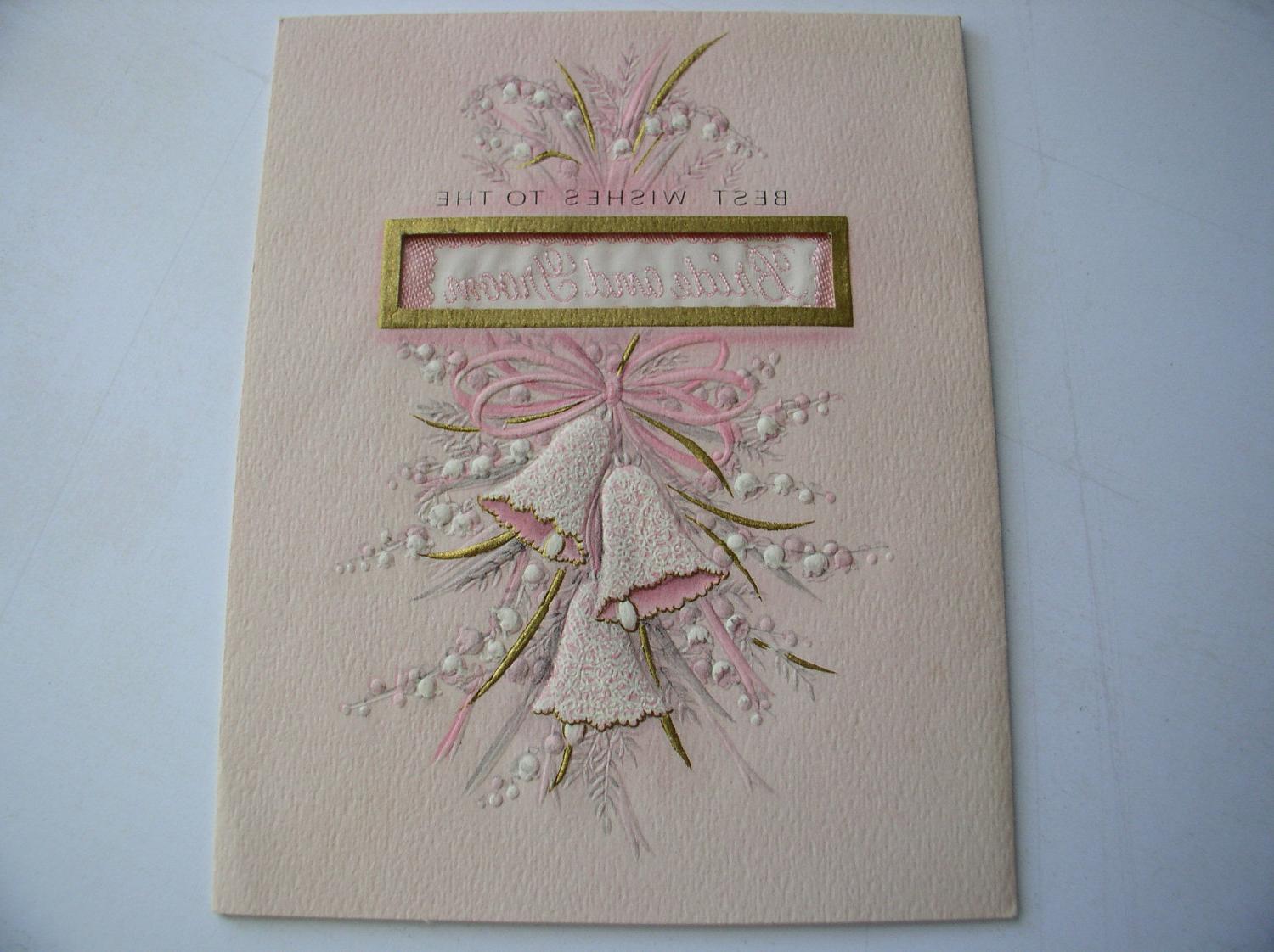 Vintage UNUSED Wedding Greeting Card - bride groom bells pink