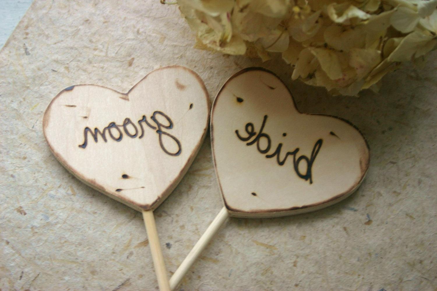 Wood Cake Toppers Rustic Wedding Bride Groom on Hearts Woodland Chic