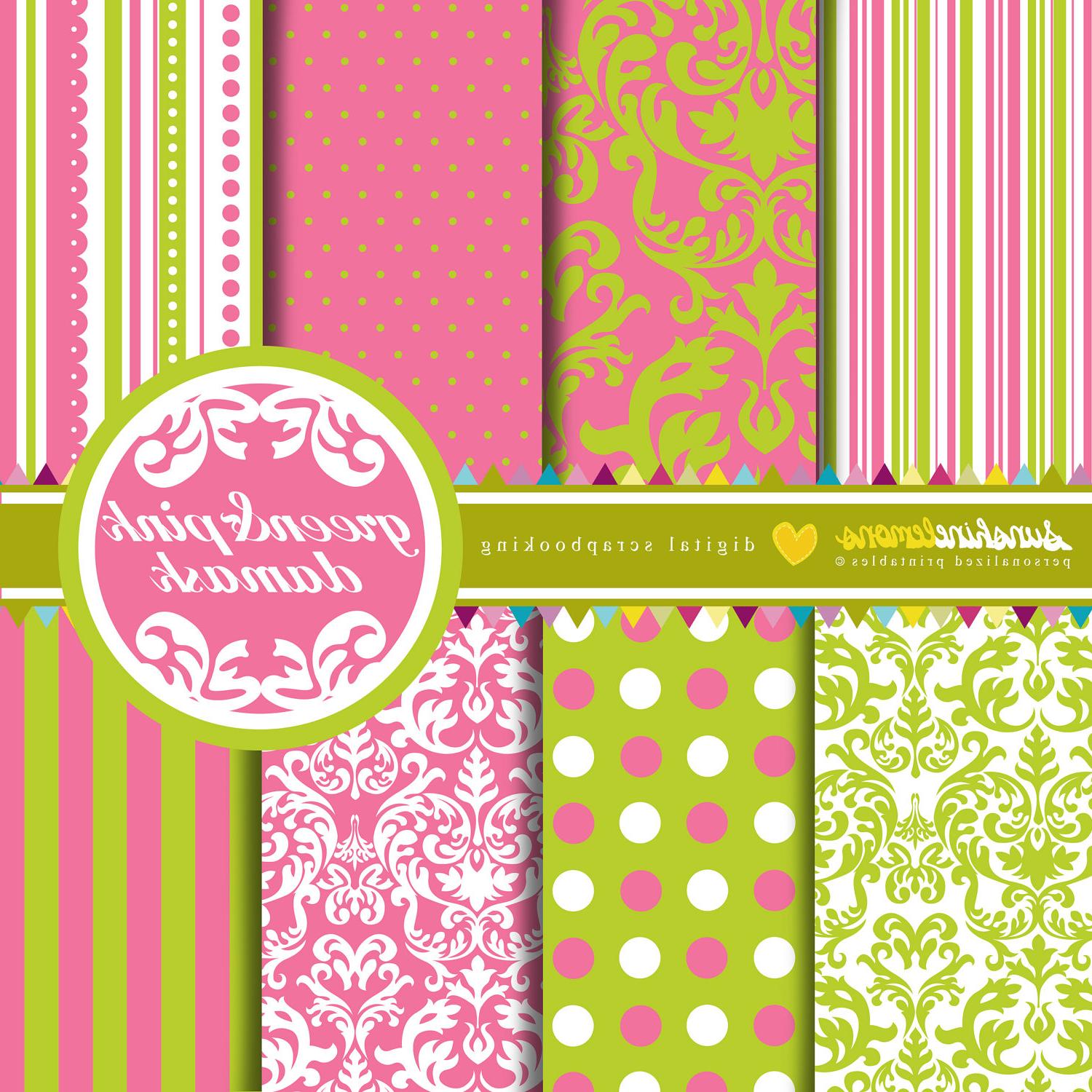 Pink and Green Damask Digital