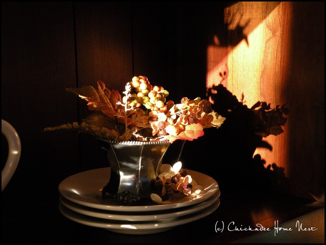Fall china cabinet styling, African violets at Chickadee Home Nest