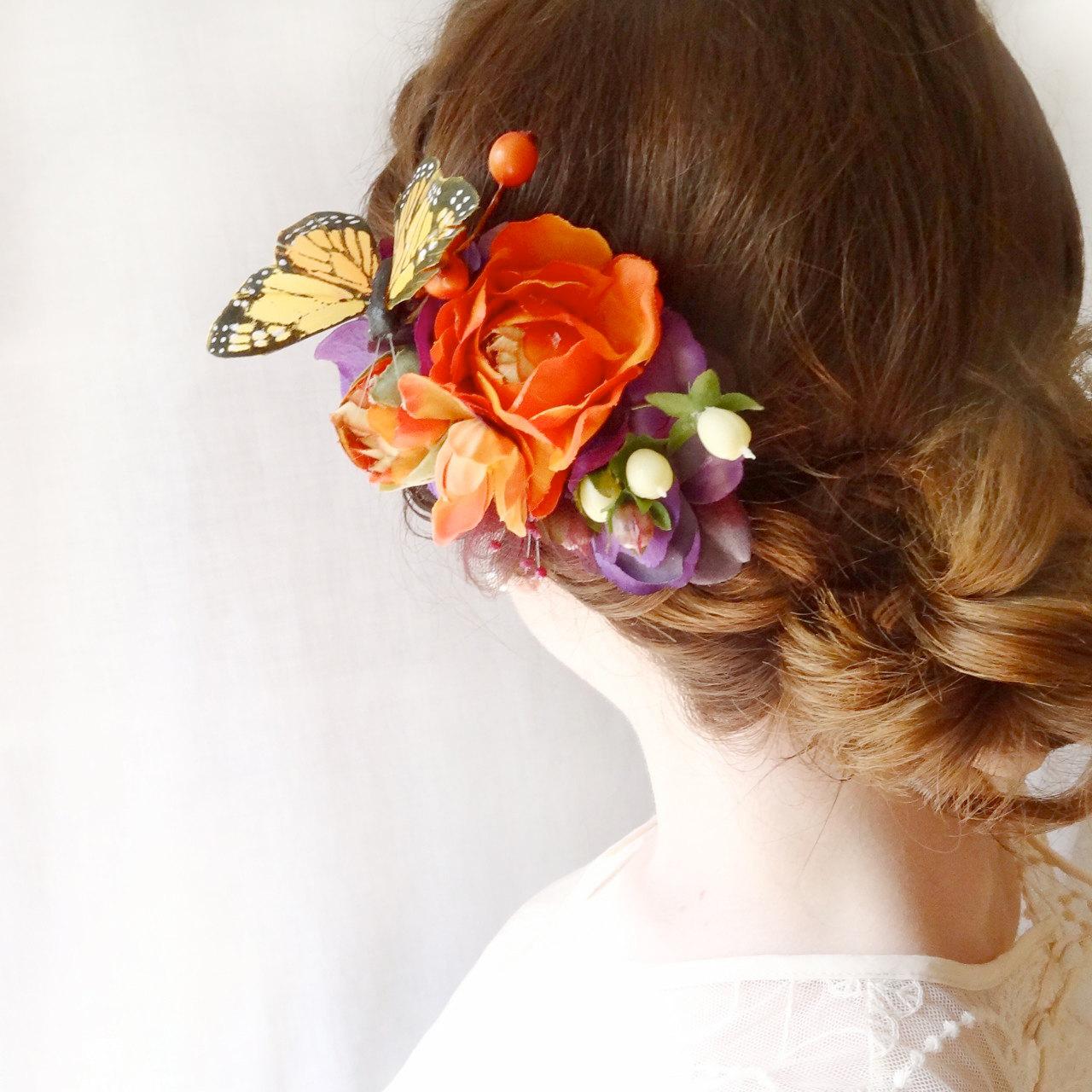 orange butterfly flower hair accessory - FLY AWAY - plum purple, wedding,