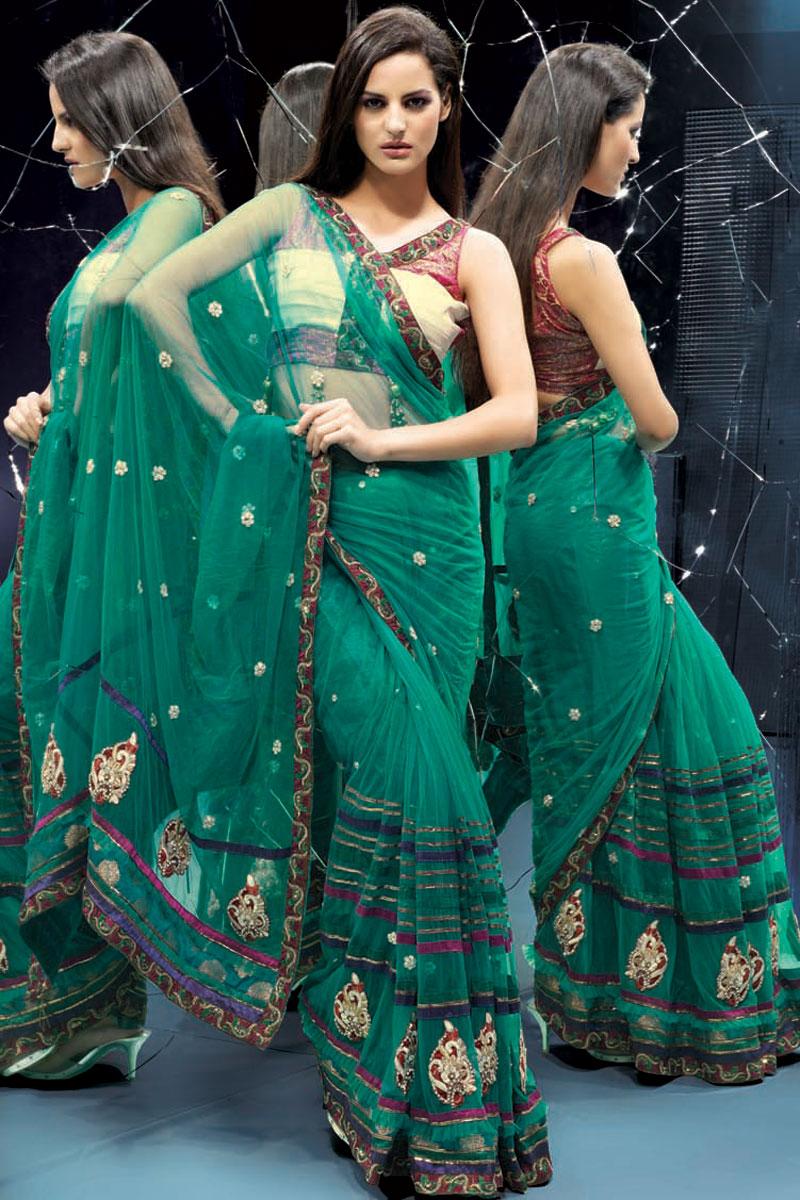 Teal Green Wedding and Festival Embroidered Net Saree   148.00