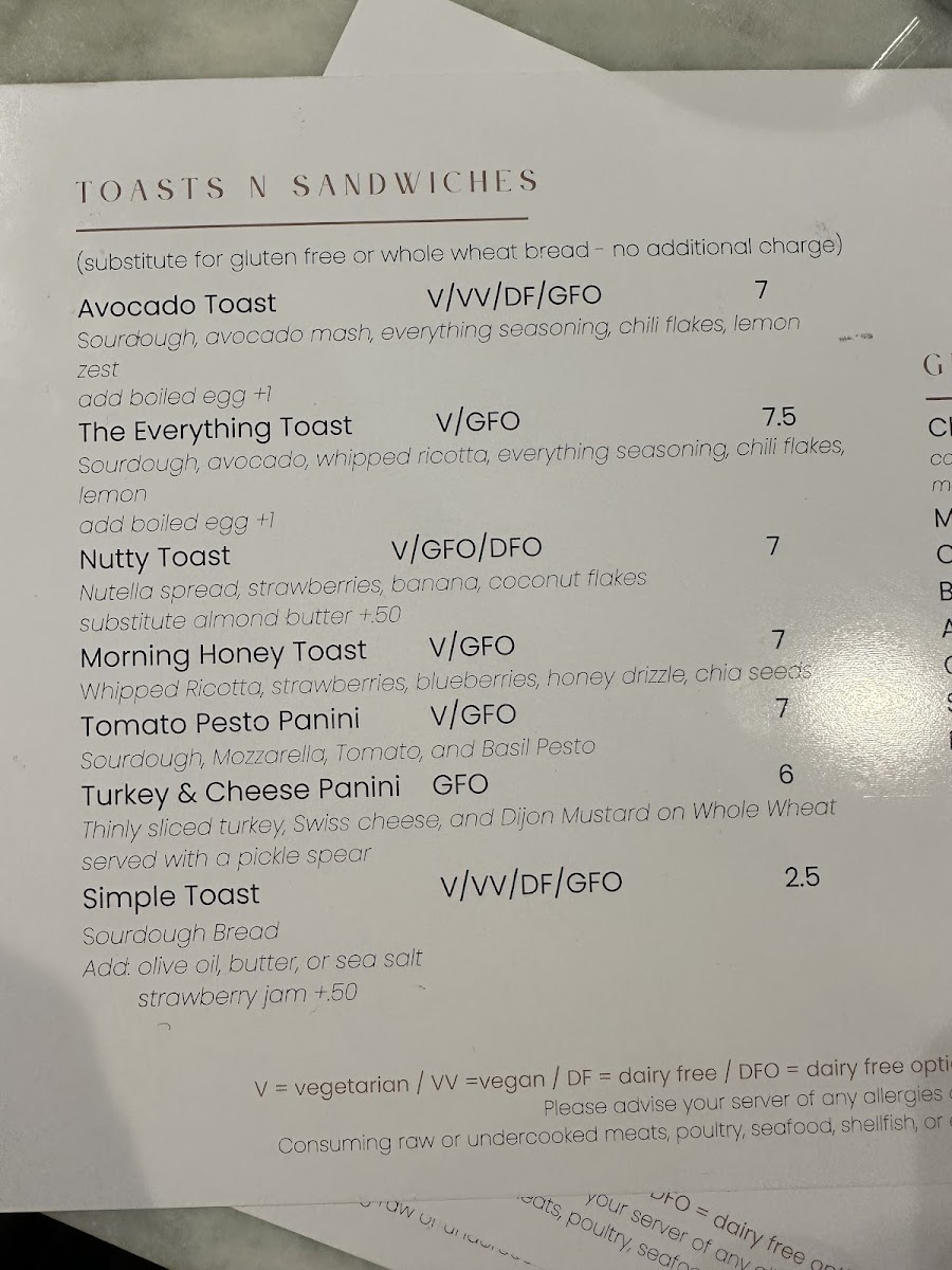 Toast and sandwich menu