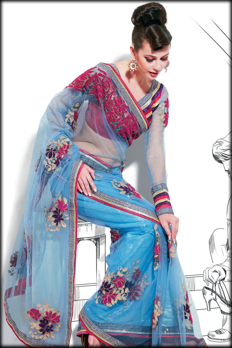 Deep Sky Blue Net Wedding and Festival Embroidered Saree   119.00