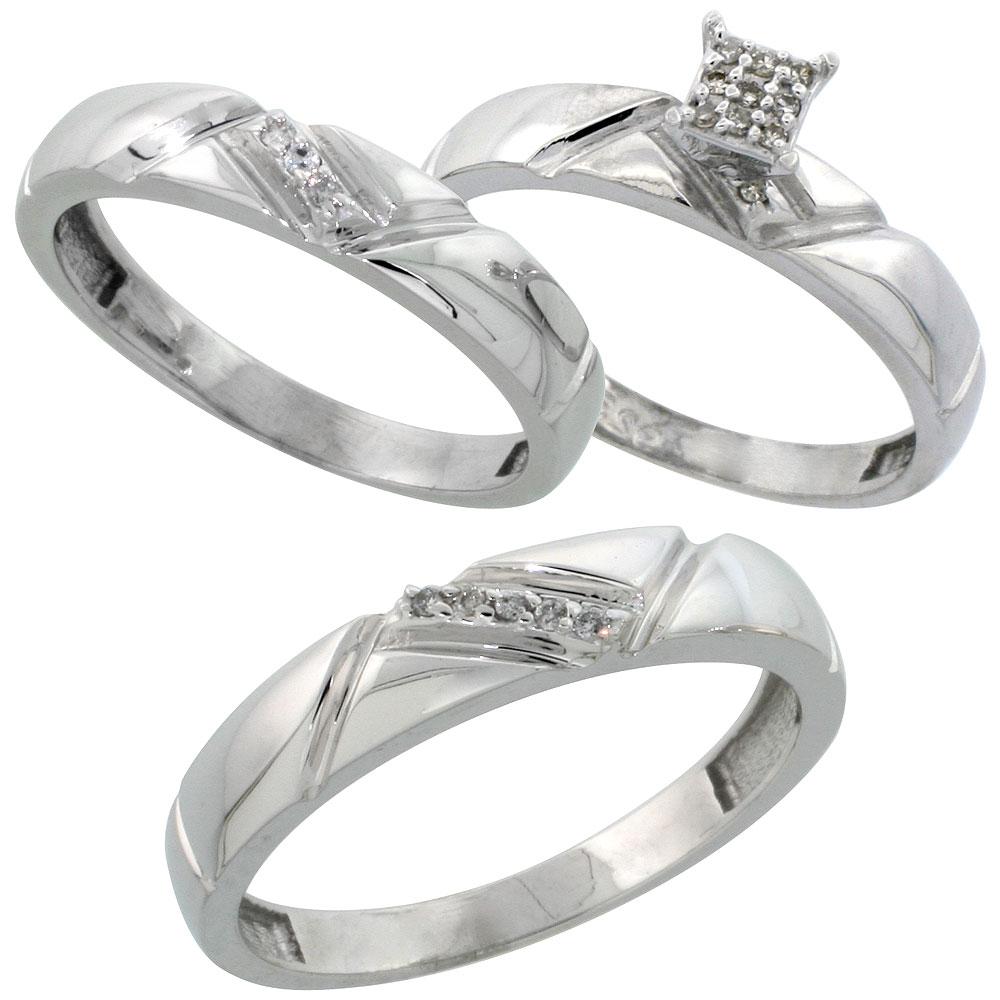 Sterling Silver 3-Piece Trio His  4.5mm  & Hers  4mm  Diamond Wedding Band