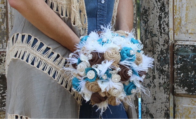 burlap and feather wedding bouquet