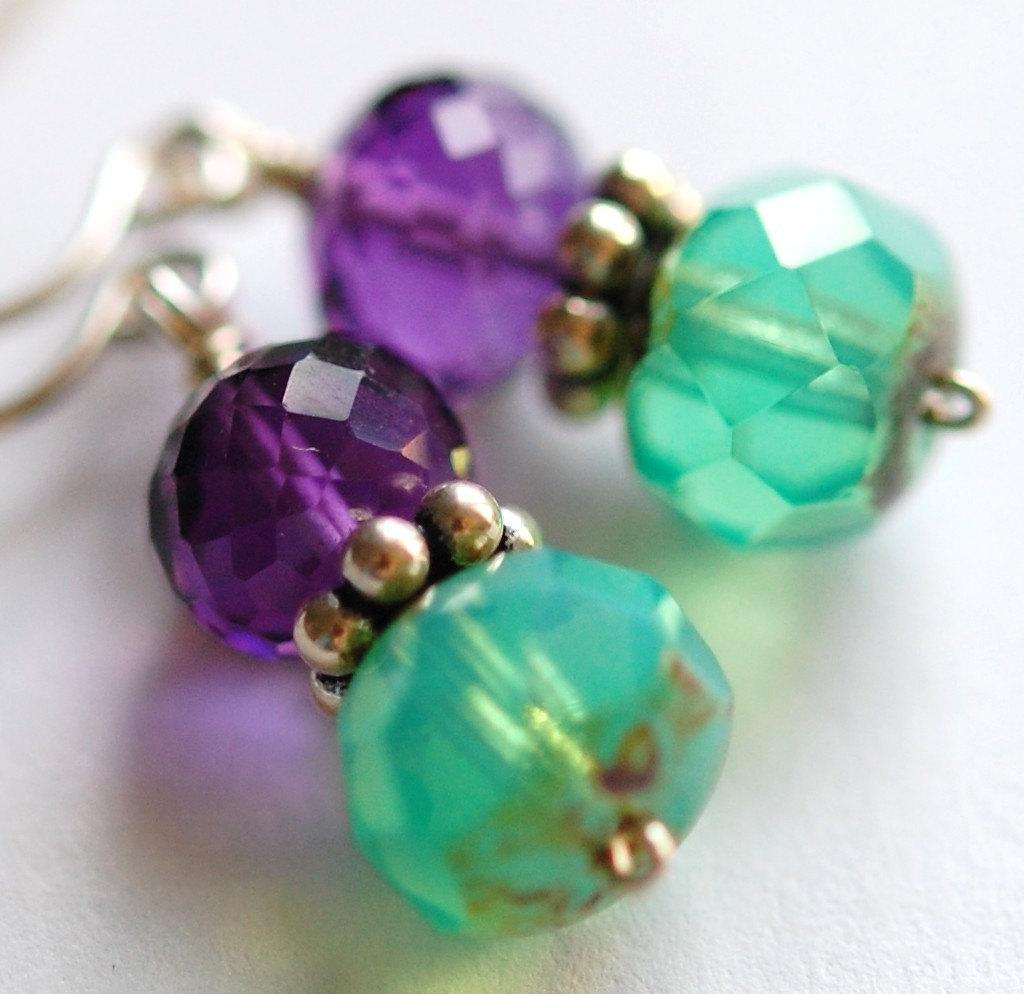 Aqua Teal and Purple Earrings, Amethyst Quartz Gemstone, Glass, Bali Bead,