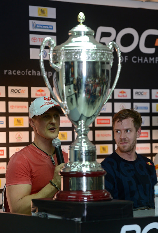 Михаэль Шумахер и Себастьян Феттель на пресс-конференции Гонки чемпионов 2012