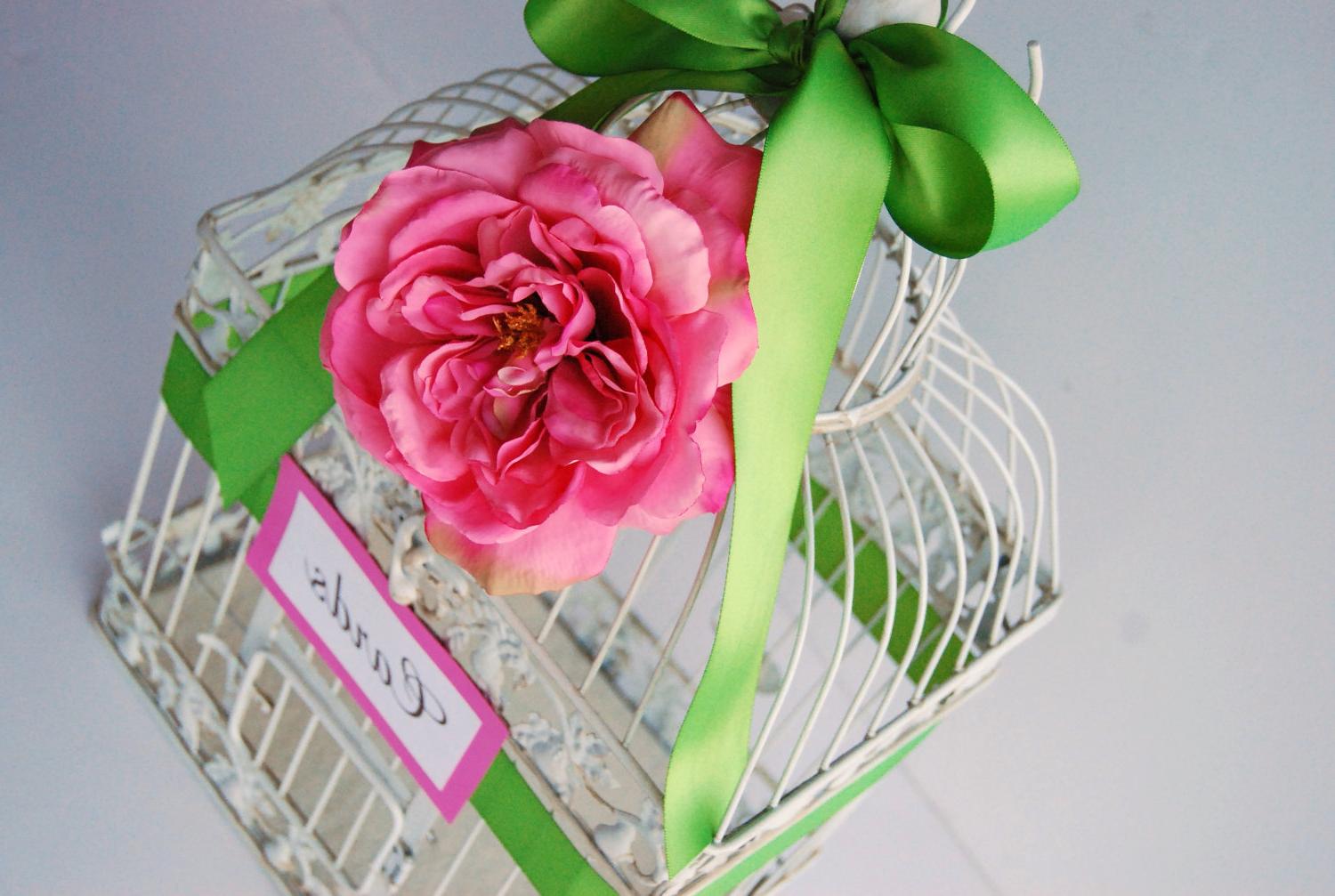 LARGE Custom Bird Cage Wedding Card Holder - Pink And Green  Customizable To