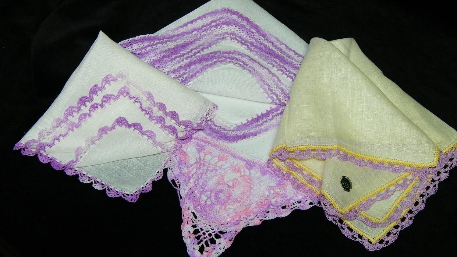 Antique Lot of 4 Linen Purple Crochet Trim Wedding Screenprinting