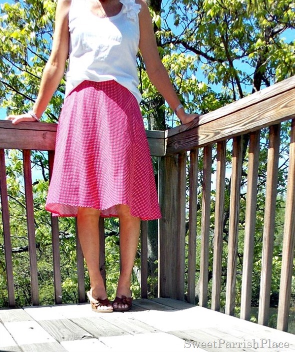 pink polka dotted skirt, white tank, brown sandals3