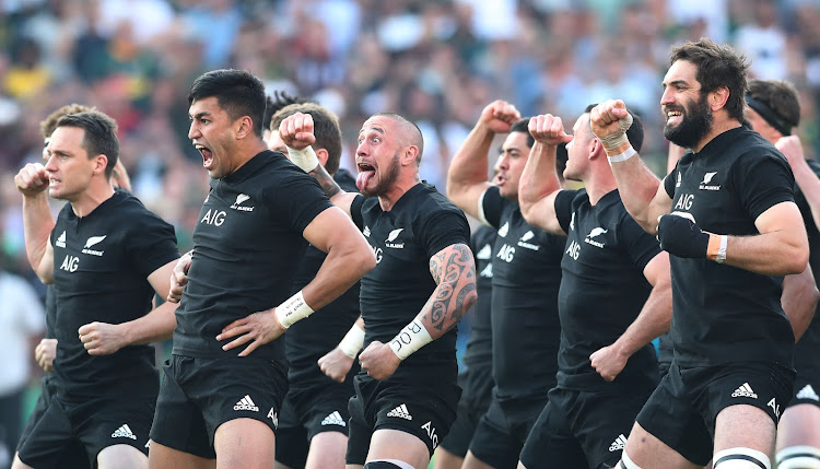 The All Blacks perform their pre-match Haka dance ahead of the Rugby Championship game between New Zealand and South Africa at Loftus Stadium in Pretoria on October 6, 2018.