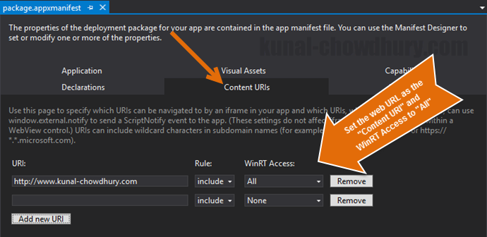 UWP Hosted app - Set the Content URIs in manifest file (www.kunal-chowdhury.com)