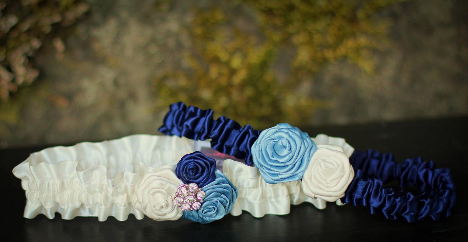 Navy Blue, Antique blue and White Wedding Garters, Rosette garters