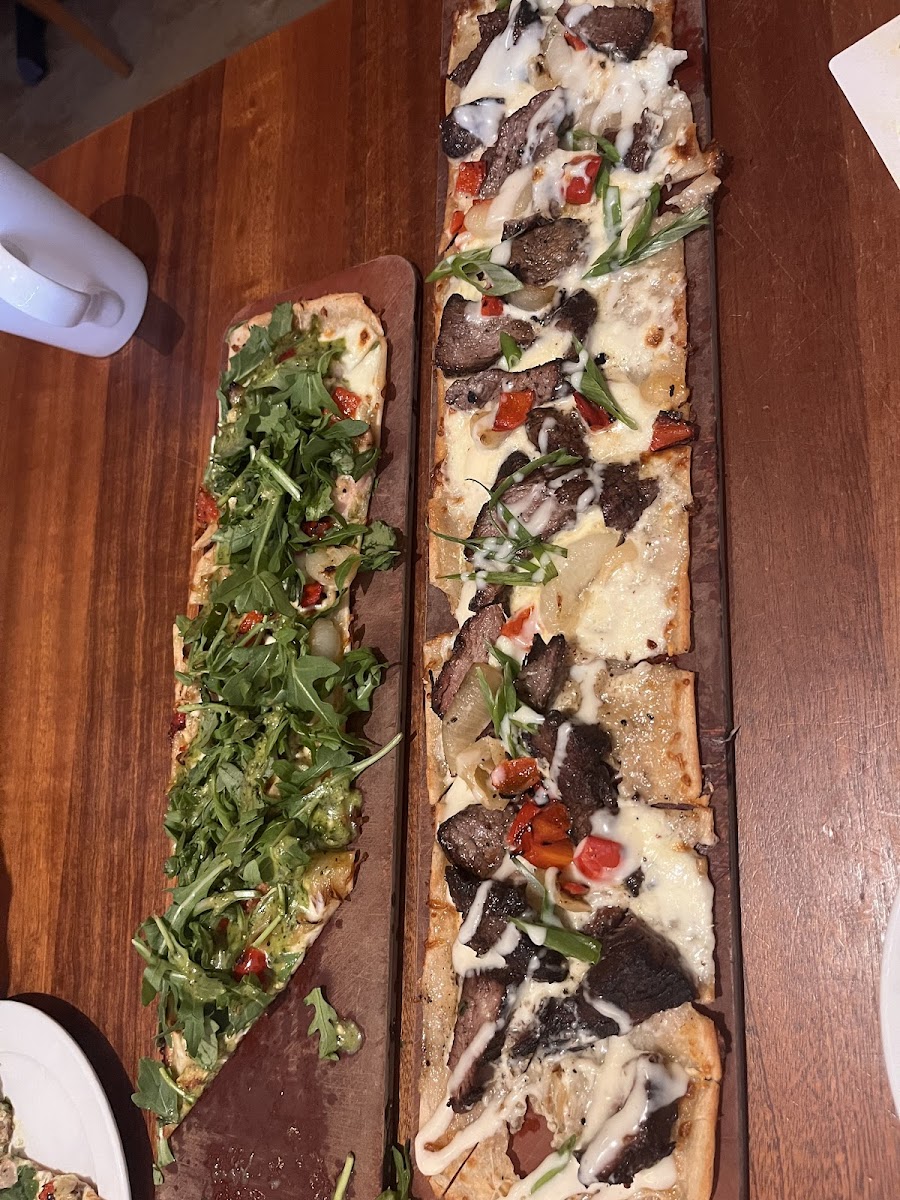 Chicken and Pesto flatbread. Cheesesteak flatbread