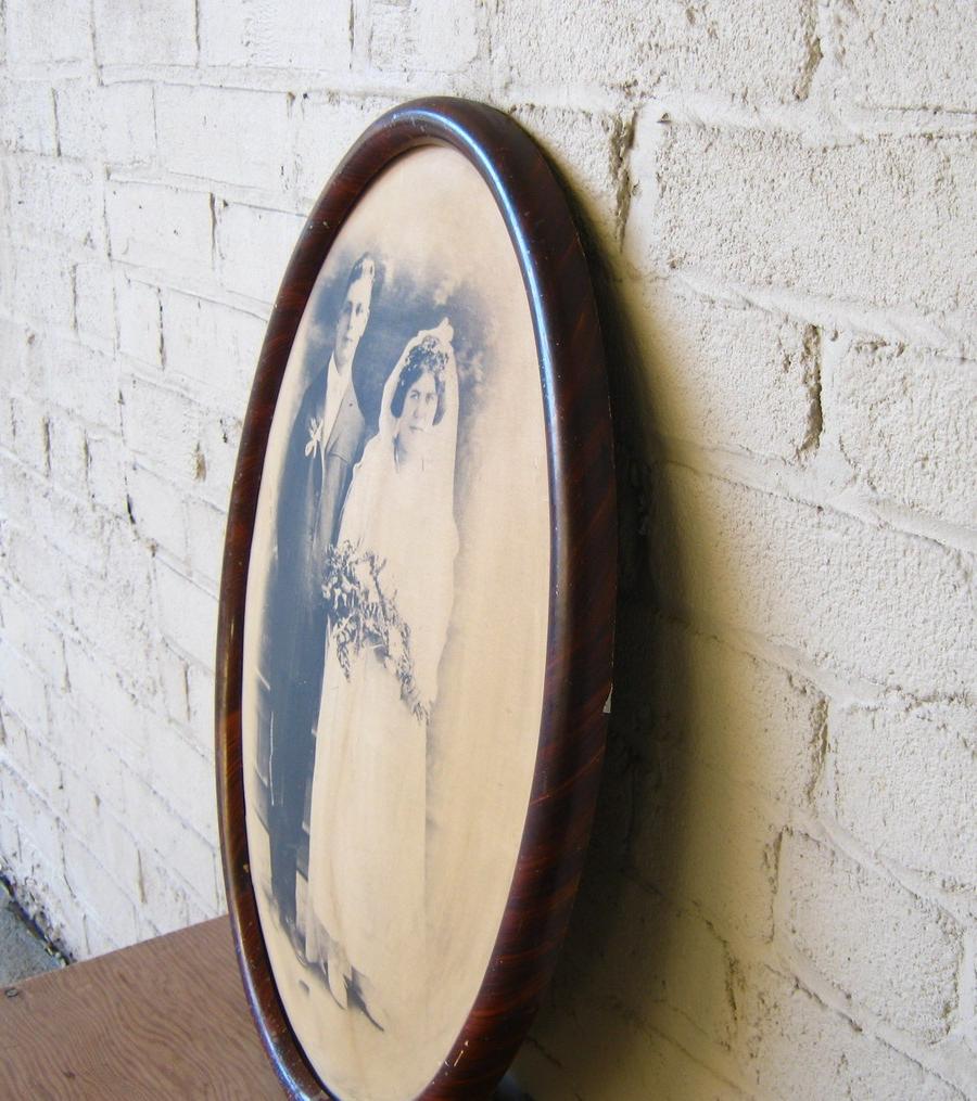 Super Shabby Primitive Rustic Black and White Wedding Portrait in Oval Frame