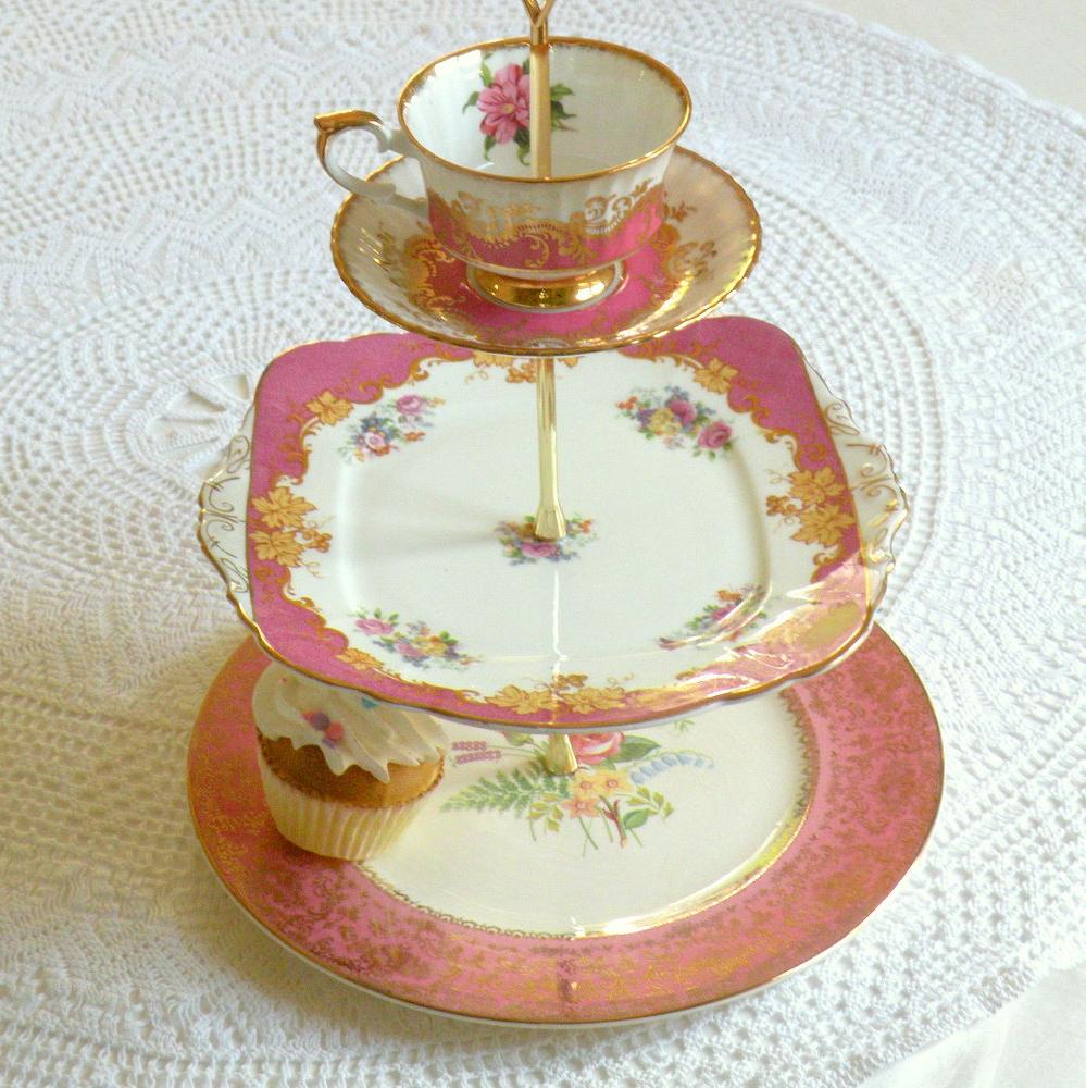 Alice Bakes Raspberry Tarts, Vintage China 3 Tier Pink Cupcake Stand with