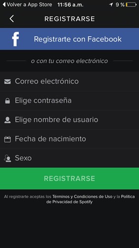 Registrarse en Spotify desde un iPhone
