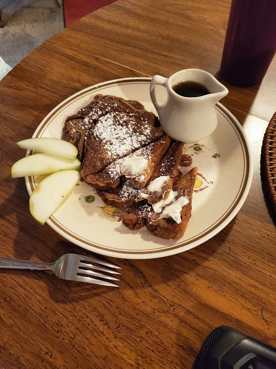 GF French toast, maple syrup,  and apple slices garnish