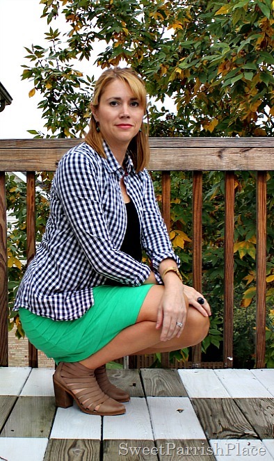 green-skirt-black-top-plaid-button-down-booties-3