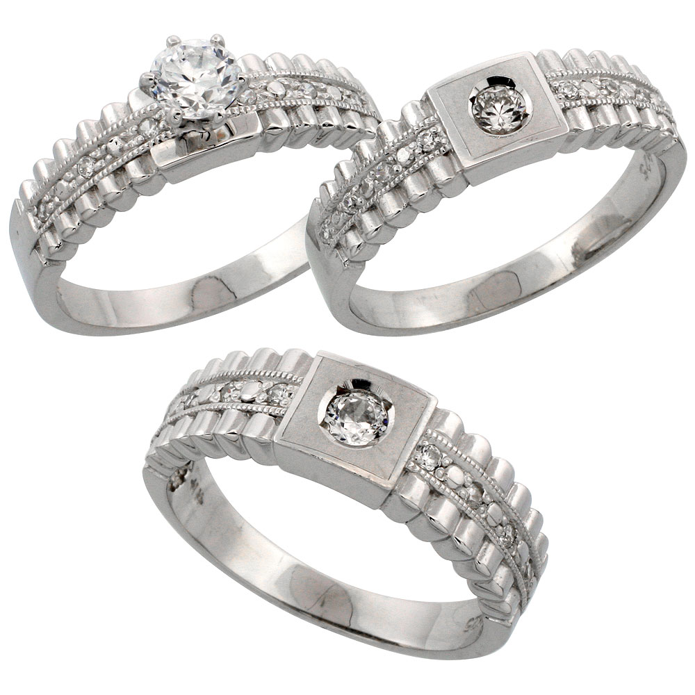 Sterling Silver 3-Piece Trio His  6.5mm  & Hers  6mm  CZ Wedding Ring Band