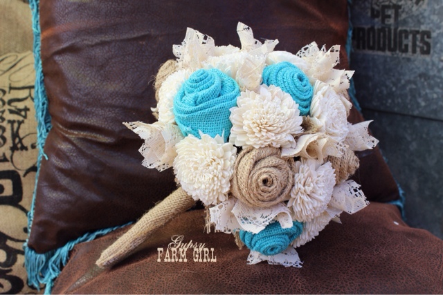 sola flowers with jade / turquoise burlap roses and lace bride's bouquet