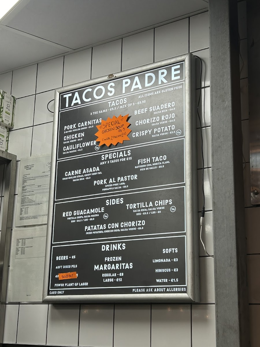Tacos Padre gluten-free menu