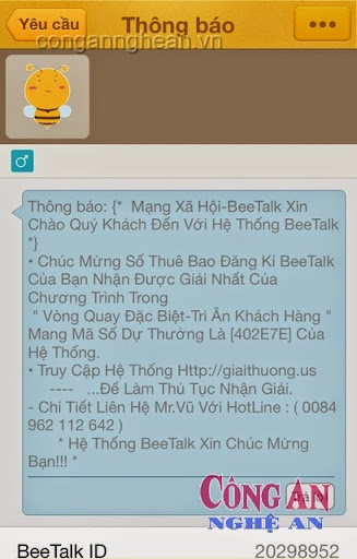 Tin nhắn lừa đảo trúng giải thưởng từ admin Beetalk giả mạo