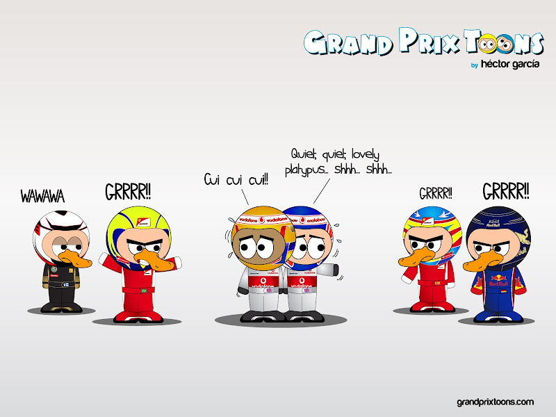 Льюис Хэмилтон и Дженсон Баттон в окружении утконосов сезона 2012 - комикс Grand Prix Toons