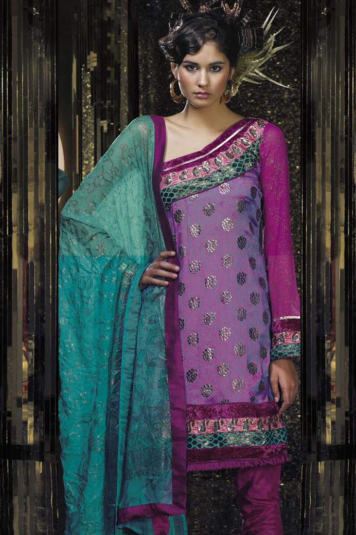 Crepe Silk Embroidered Purple and Bondi Blue Wedding Salwar Kameez   66.00
