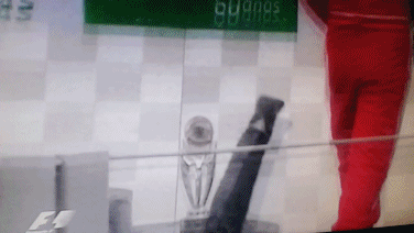 Марк Уэббер падает с бутылкой шампанского на подиуме Гран-при Бразилии 2013 - GIF