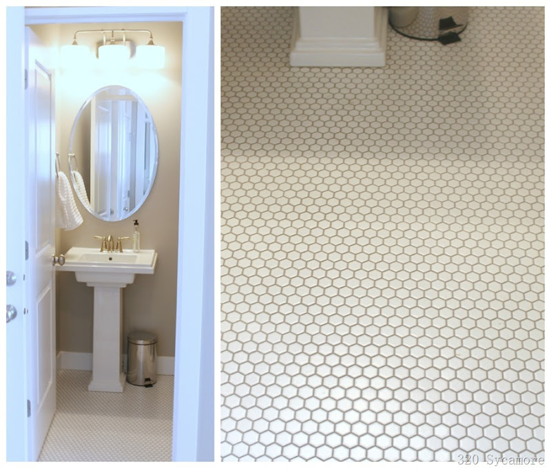 white hex tile in powder room