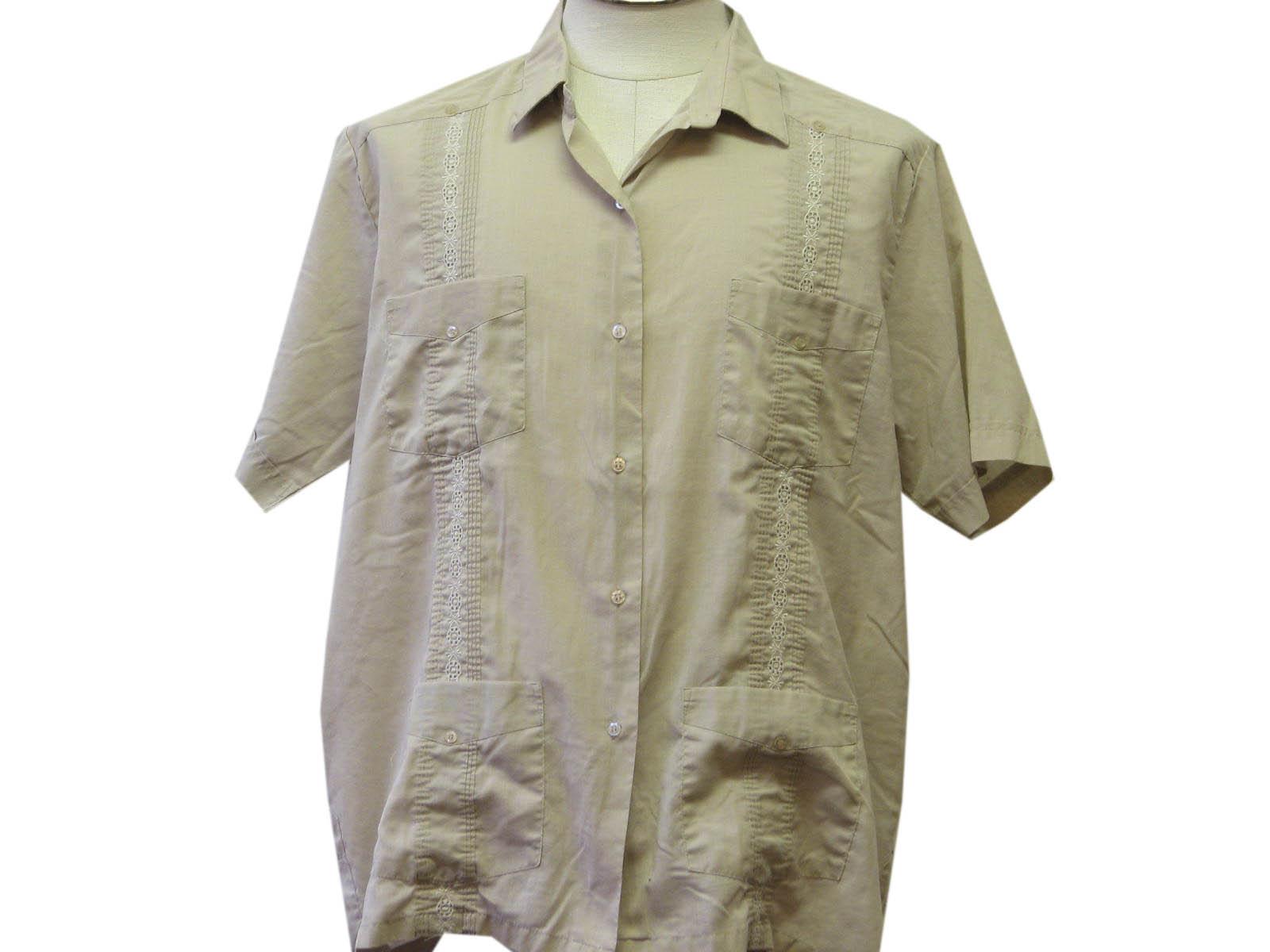 80s -Adolfo- Mens tan cotton and polyester short sleeve Guayabera or Mexican