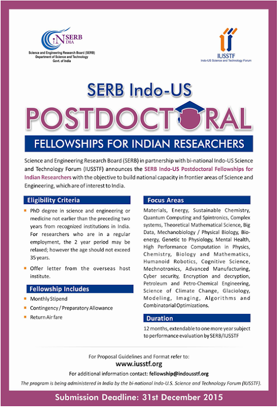 SERB Indo-US Postdoc Fellowships for Indians 2016