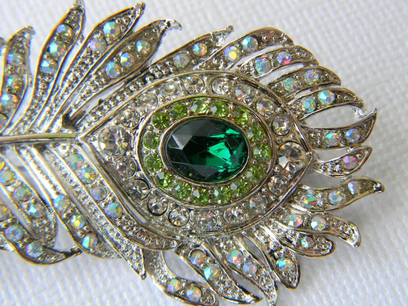 Green and Peridot Rhinestone Peacock Feather Hair Clip - Bridal Bridesmaid