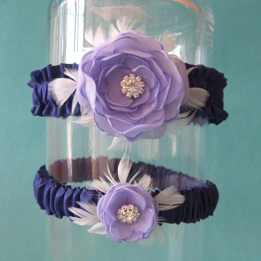 Purple Lapis and Lilac Satin Feather Rose Wedding Garter Set L121 - bridal