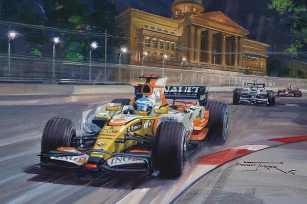 Фернандо Алонсо лидирует в гонке за Renault на Гран-при Сингапура 2008 - картина Michael Turner