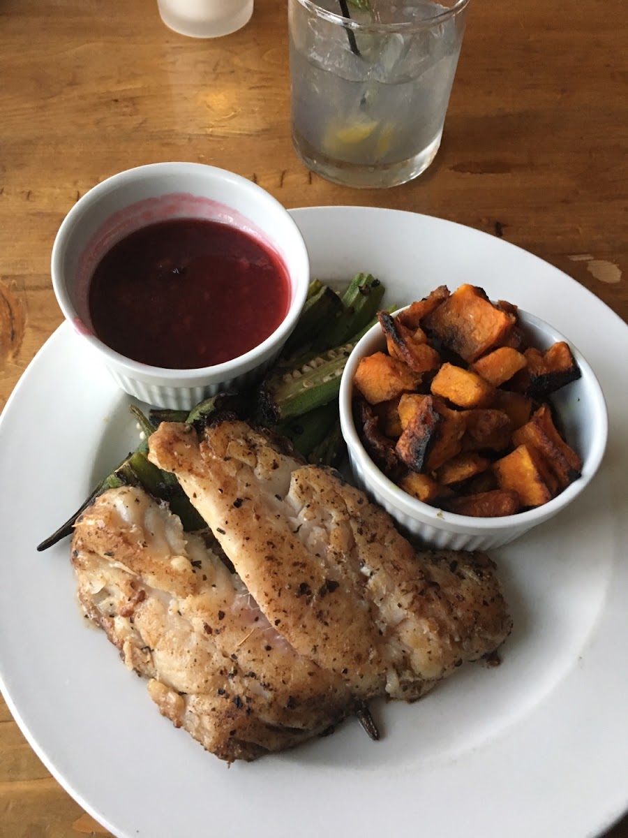 Pan seared Grouper with Blackberry Sauce (ots) with Roasted Okra and Curried Butternut Squash!