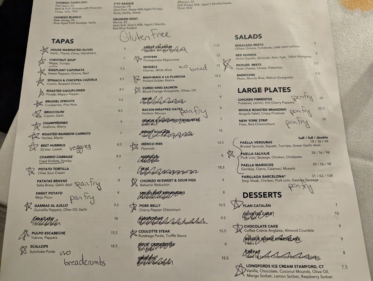 Our server marked up the menu with GF options